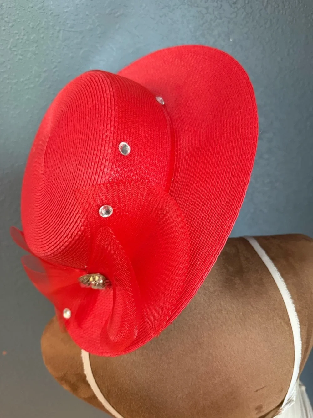 Red Decorative Wide-Brim Straw Hat rhinestones mash, bow Derby red hat Society